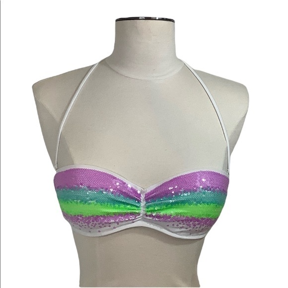 Victoria’s Secret Aqua Waves sequins bandeau strapless bikini top SZ 34B EUC - Picture 1 of 12